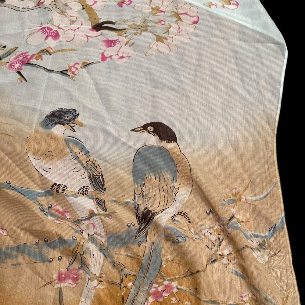 Ombre’ Semi-Sheer Scarf Shawl Asian Theme In Muted Colors With Birds & Flowers